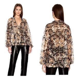 Free People Out For The Night Snakeskin Top Womens Sz L Sheer Mesh Long Sleeve